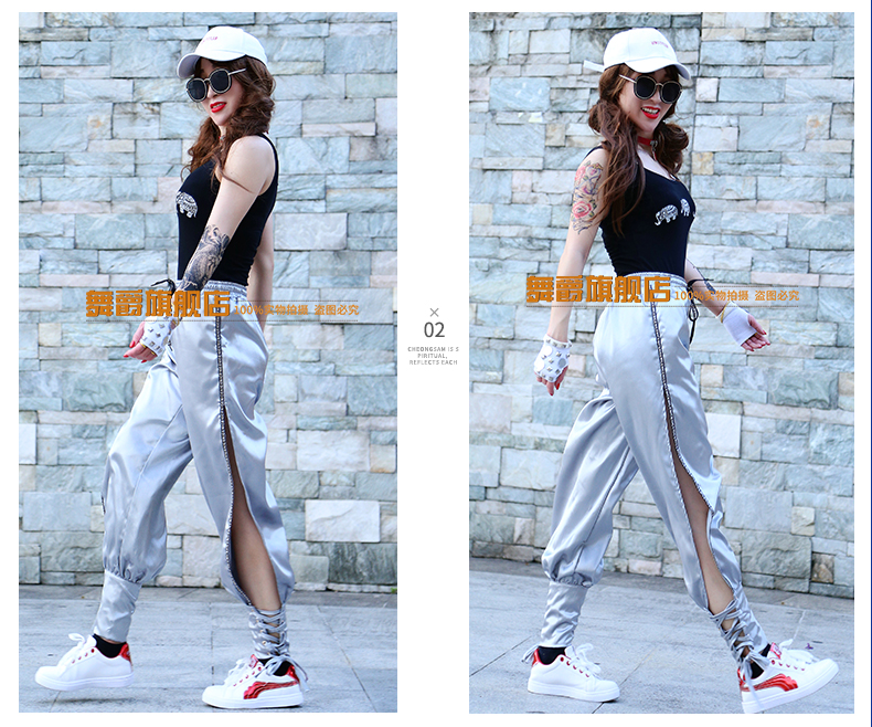 2019 thời trang mới giản dị chia đôi dây đeo màu đỏ hip hop quần thể thao phụ nữ lỏng lẻo quần harem jazz - Cộng với kích thước quần áo áo cánh dơi