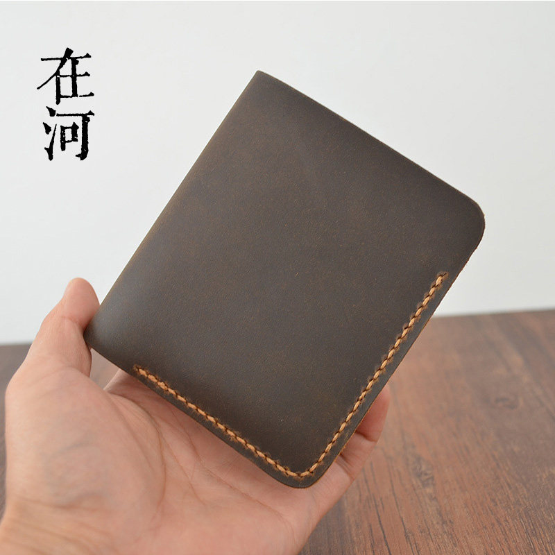 In River Handmade Retro Crazy Horse Leather Wallet With Short Hand Sewn Reinforcement Durable Young Genuine Leather Bull Leather Goods Bag