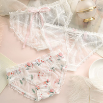 Japanese girl lace panties women cotton crotch antibacterial breathable sexy sexy seamless Lady mid-waist mesh triangle shorts