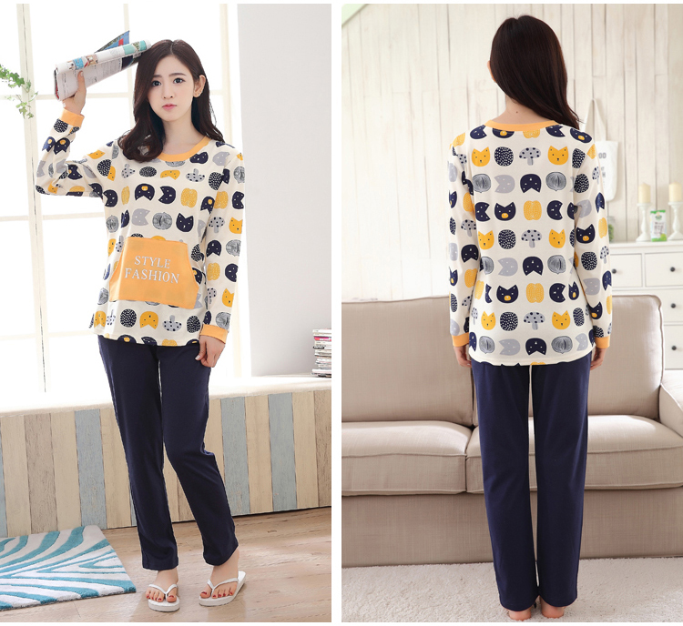 Bộ đồ ngủ mùa xuân và mùa thu Phụ nữ Cotton dài tay Hoạt hình Sinh viên Hàn Quốc Đặt mùa đông Mặc đồ ngọt ngào và đáng yêu đồ ngủ nữ