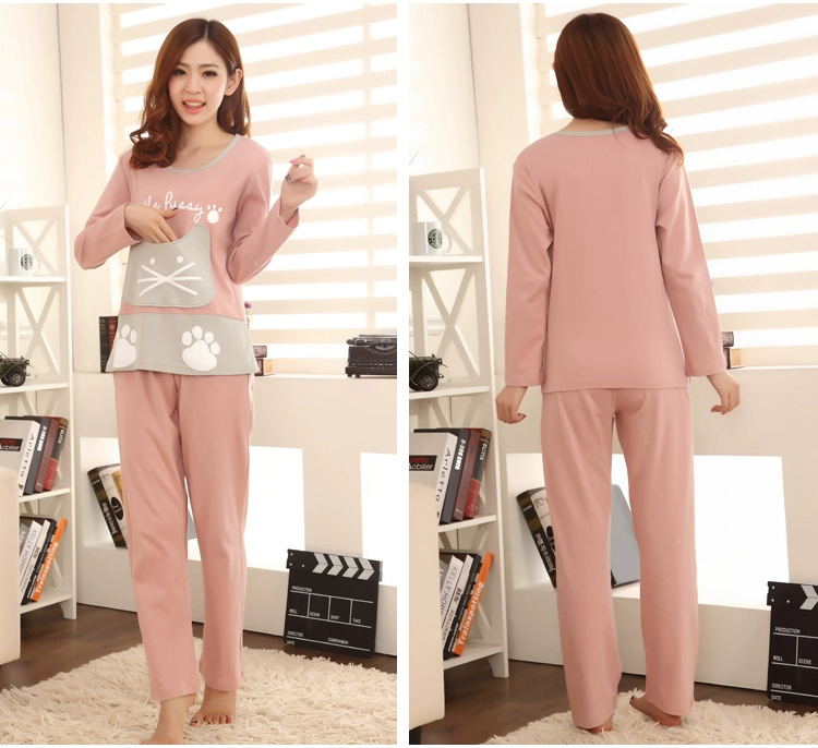 Bộ đồ ngủ mùa thu nữ mùa xuân và mùa thu dài tay cotton phù hợp với mùa thu Hàn Quốc của bộ đồ hai mảnh lỏng lẻo có thể được mặc bên ngoài dịch vụ nhà mỏng