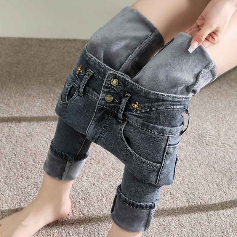 High-Waisted Fleece-Lined Jeans for Women, Autumn and Winter, Plus Size, 2025 New Style, Slim-Fit Skinny Pencil Pants