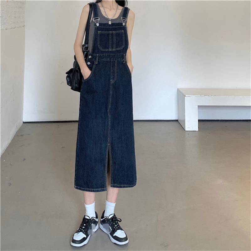 Slit Denim Suspender Skirt for Women, New Spring/Summer Style, Loose High-Waisted Mid-Length Plus Size Dress for Chubby Girls, Trendy Dress That Makes You Look Taller Slit Denim Suspender Skirt for Women, New Spring/Summer Style, Loose High-Waisted Mid-Length Plus Size Dress for Chubby Girls, Trendy Dress That Makes You Look Taller
