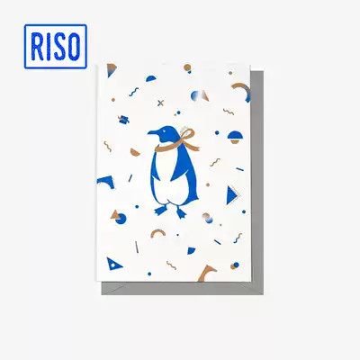 PaperPlay golden bow tie little penguin holiday greeting card creative design Risograph card