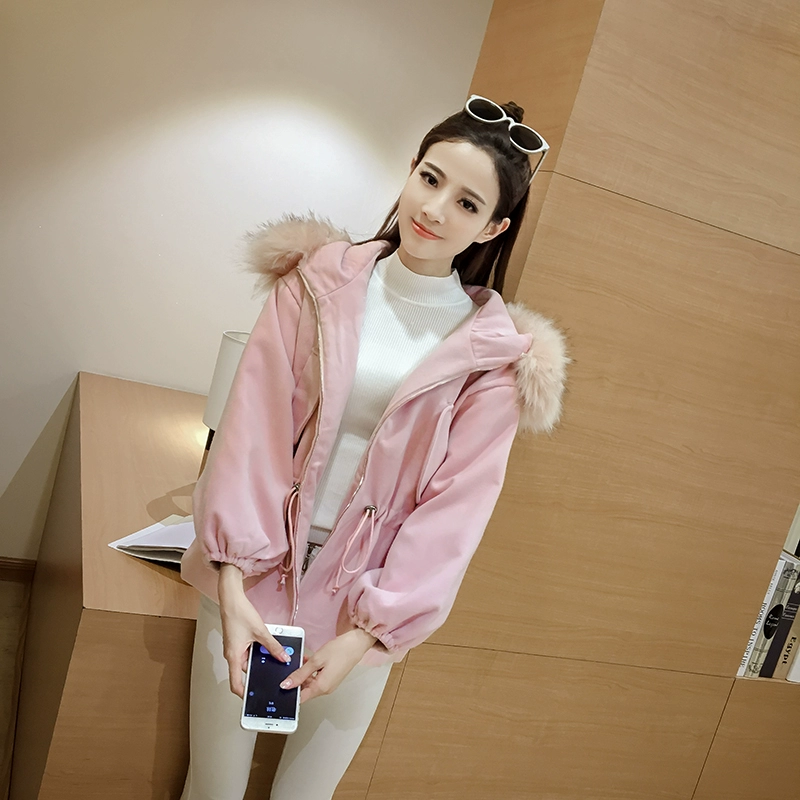 Mùa đông phiên bản Hàn Quốc mới tự thắt lưng dày lên cổ áo lông lớn áo len lông màu rắn trùm đầu quần áo len nữ áo khoác len áo vest dạ nữ ngắn