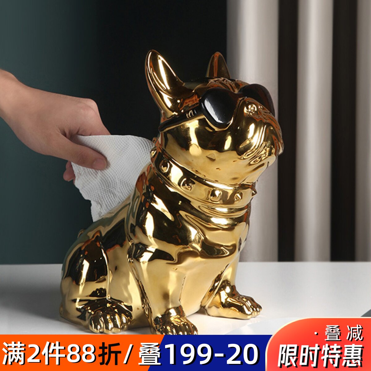 Creative Light Luxury Electroplating French Bulldog Tissue Box Ceramic Ornament Home Living Room Pumping Tray Box INS Style New