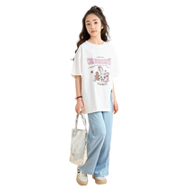Girls pants summer thin 2024 new fashionable tencel straight wide-leg childrens jeans for girls and older children