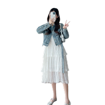 Maternity wear autumn 2024 new suit fashionable and stylish maternity skirt suspender cake skirt denim jacket two-piece set