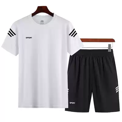 Sports suit men's summer leisure two-piece fitness clothes morning running fast clothes loose round neck T-shirt short sleeve