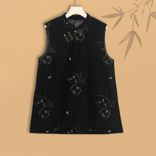 漂亮妈妈装国风立领丝绒绣花钉珠中长款马甲新中式斜襟优雅上衣秋