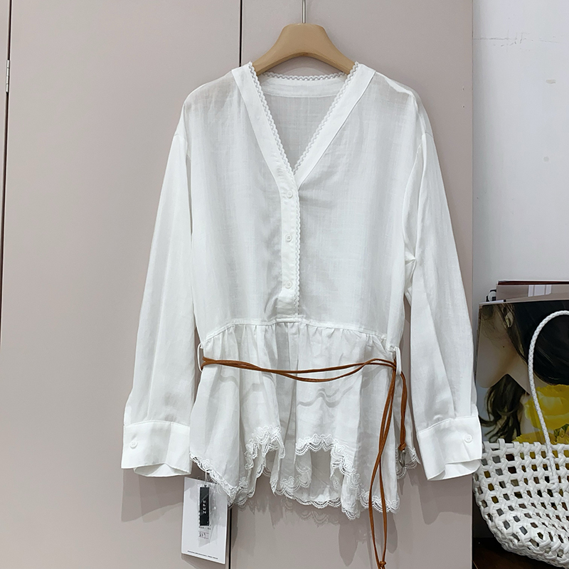 In-Stock Commuter Style V-Neck Tie Cotton-Linen Shirt for Women, Long-Sleeve Versatile Elegant Blouse with Lace Trim, Spring 53070