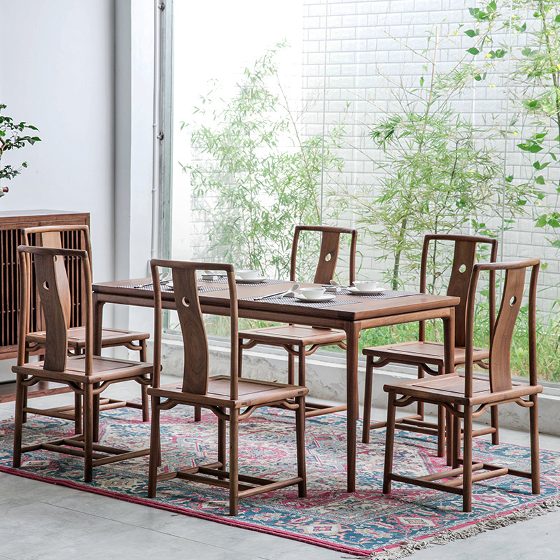 New Chinese-style solid wood dining table and chair combination black walnut dining room furniture Zen rectangular 6-person dining table all solid wood