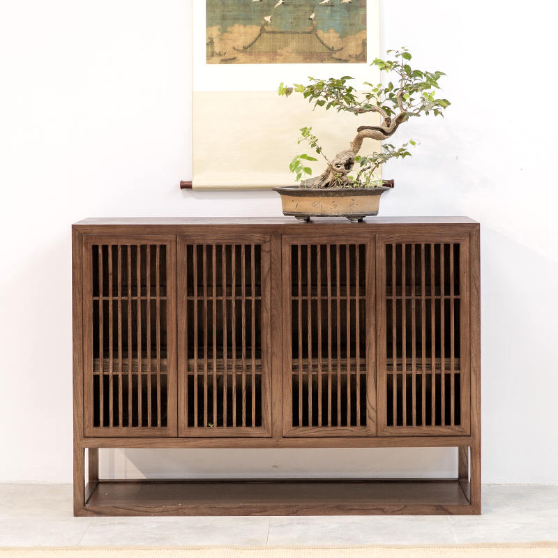 Wooden furniture new Chinese old elm sideboard North American black walnut four-door cabinet solid wood sideboard Zen furniture