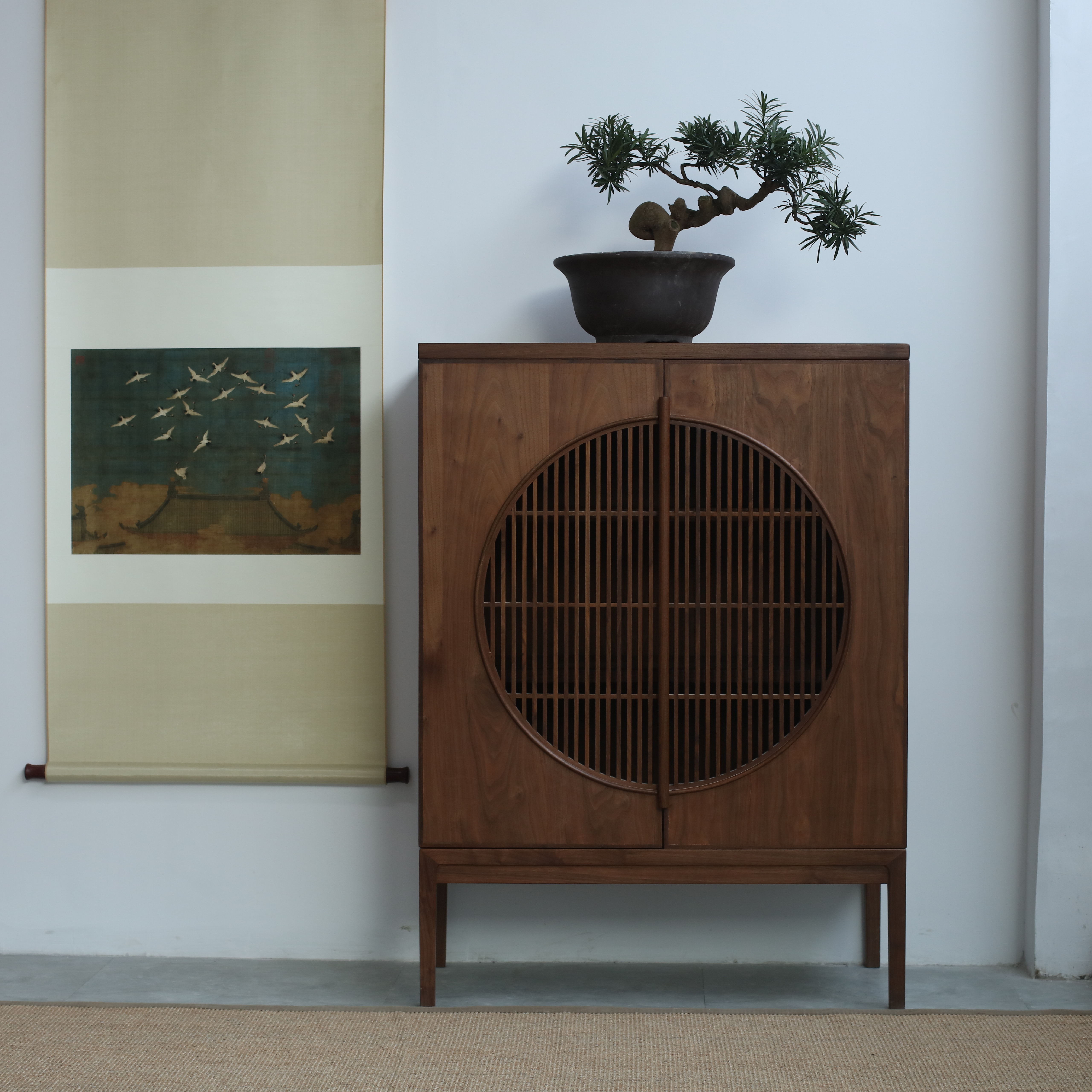 Wooden furniture Zen new Chinese style solid wood side cabinet black walnut furniture old elm porch hall cabinet log shoe cabinet