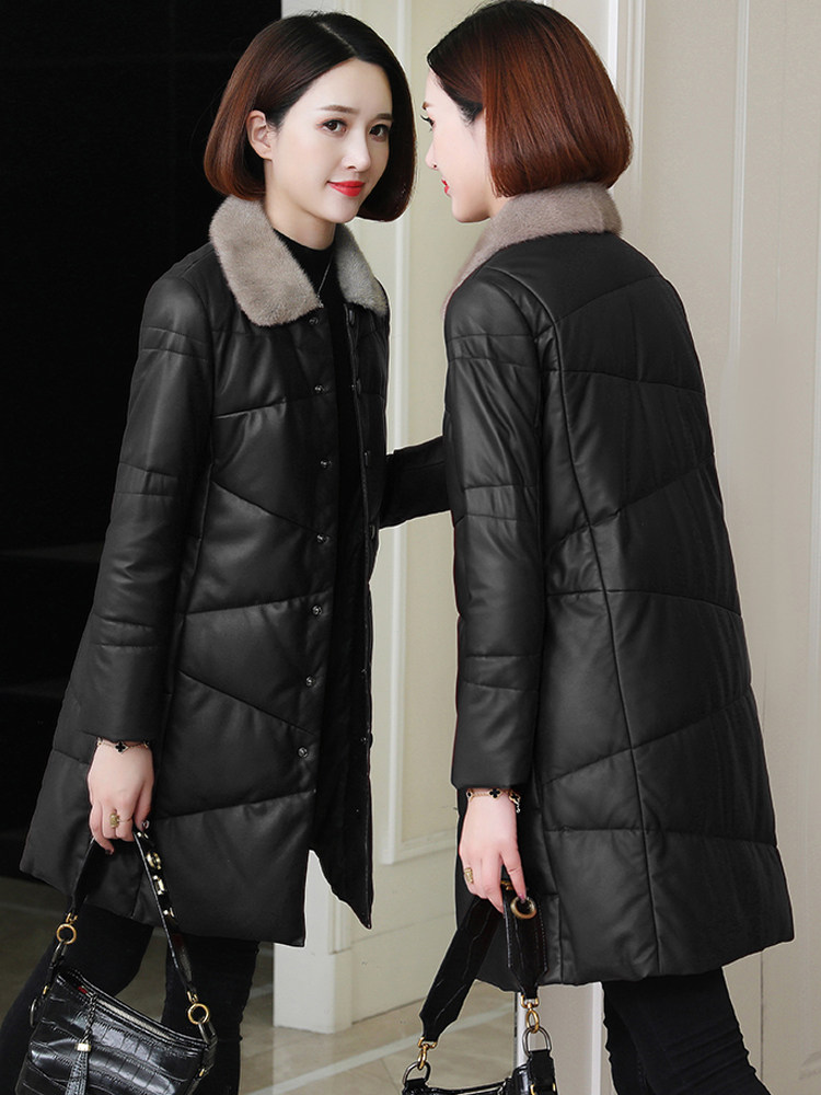 Leather down jacket women's 2020 winter new large size middle-old mother slim henning leather coat medium long version