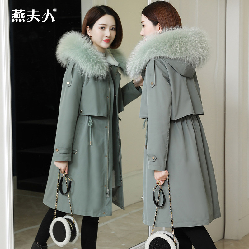 Faction to overcome the great coat of women's winter style new Heinin leather grass raccoon fur collar Rex Rabbit wool liner jacket in the middle of a long version