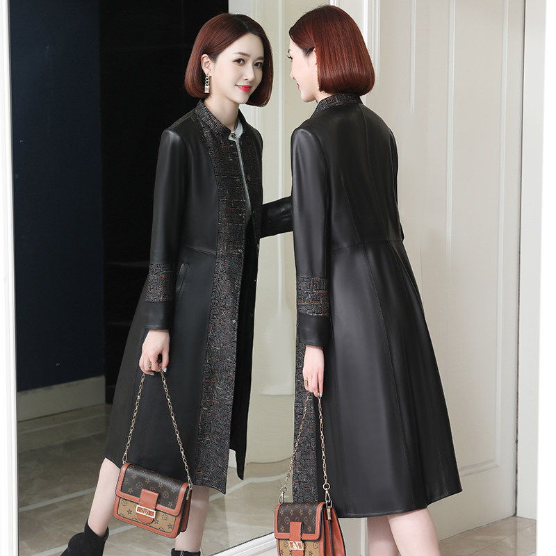 Real leather clothes woman 2021 Spring and autumn new middle aged mother black Henning sheep leather windcoat jacket long version