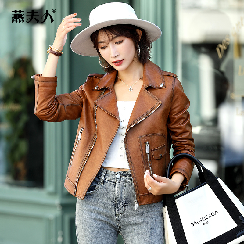Henning Genuine Leather Leather Clothing Woman 2019 Chunqiu Fashion casual New Sheep Piscine Skinny Locomotive Jacket Short