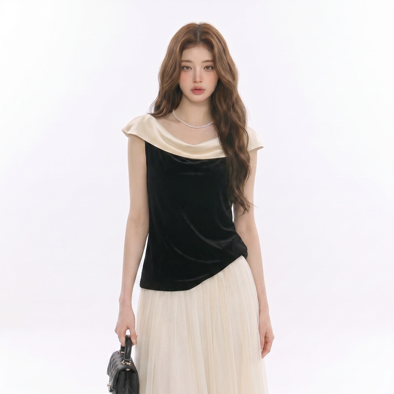 Summer Dark Black Spliced Silk Velvet Slim Fit H-Shaped Vest Top for Women Summer Dark Black Spliced Silk Velvet Slim Fit H-Shaped Vest Top for Women