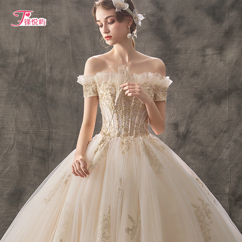 Wedding dress 202021 new word shoulder bride big tail shake sound princess starry sky luxury forest department dream super fairy