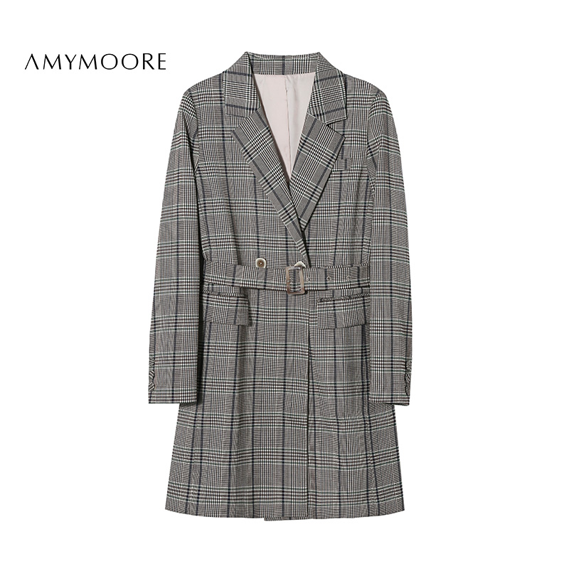 New suit style Plaid Windsuit Woman Temperament 100 Hitch Long Version Casual Jacket Spring