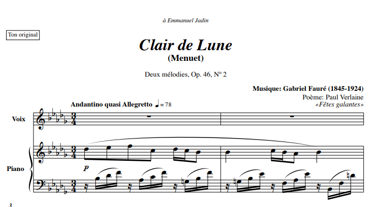 Clair de lune, Vocal and piano score in B minor, c minor, for flute and piano, Op 100 (1999-2000)