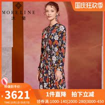 Mu Lan Spring and Autumn European style elegant retro womens round neck waist slim art print dress long sleeve medium length
