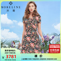 MORELINE Mulan mall with the same summer new products thin V neckline with slim printed one-piece dress