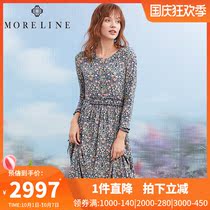 Mu Lan Collar Print Slim Temperament Medium-length dress A- line dress Spring and Autumn Long Sleeve French Vintage Floral Dress