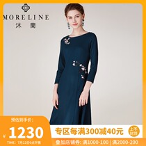 Mulan autumn long womens round neck waist wool embroidery dress