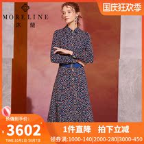Mu Lan Spring and Autumn Waist Slim Polt Print Dress Womens Medium Long Slim Joker Long Sleeve Long Skirt A- line dress