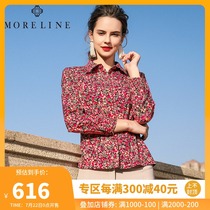 Mulan vintage printed shirt Women slim long-sleeved floral lapel shirt Mom temperament chic top short section