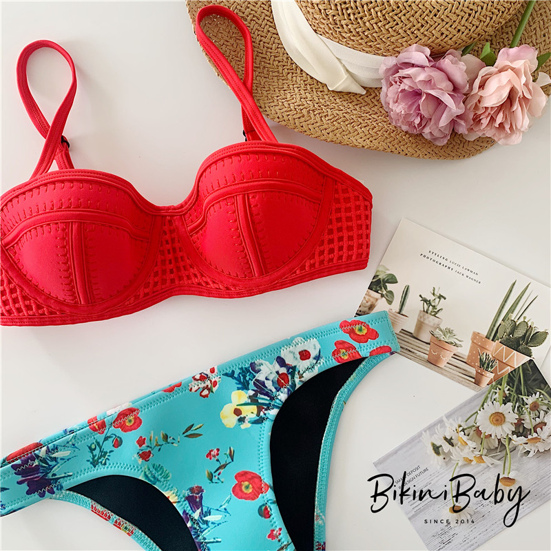 Australian beach bikini sexy ins wind net red swimsuit small chest steel support gathered two-piece three-point swimsuit female