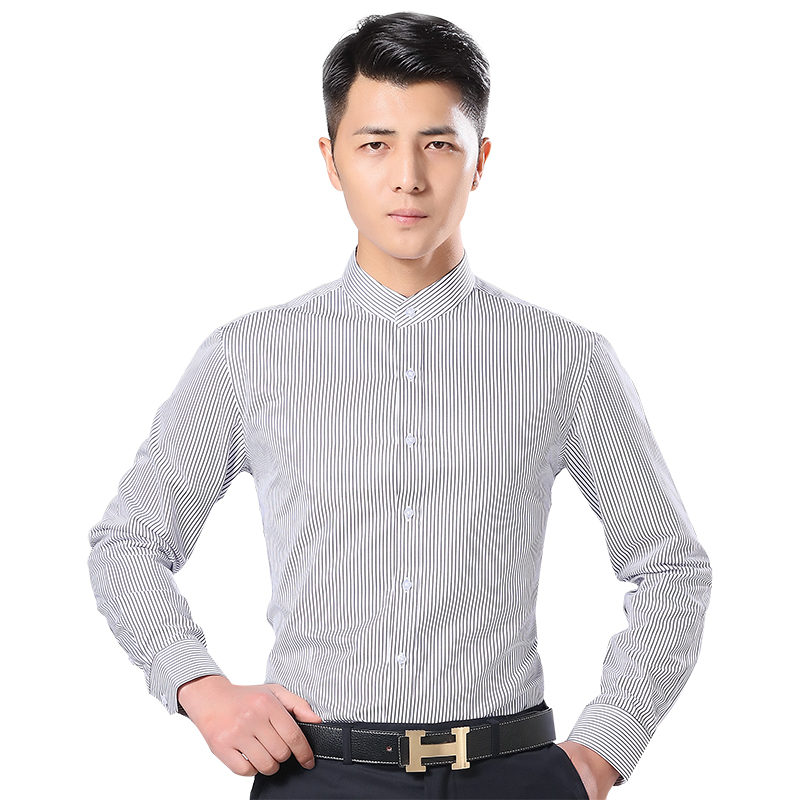 Stand-up collar long-sleeved shirt men's slim youth striped round neck shirt business casual slimming free ironing anti-wrinkle