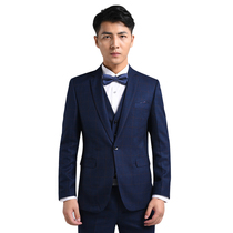 Suit suit suit mens slim youth blue plaid casual fashion Wedding groom dress Autumn New Suit