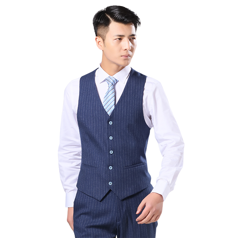 Machia men's tailor-made youth business casual blue striped suit V collar matching suit vest fall