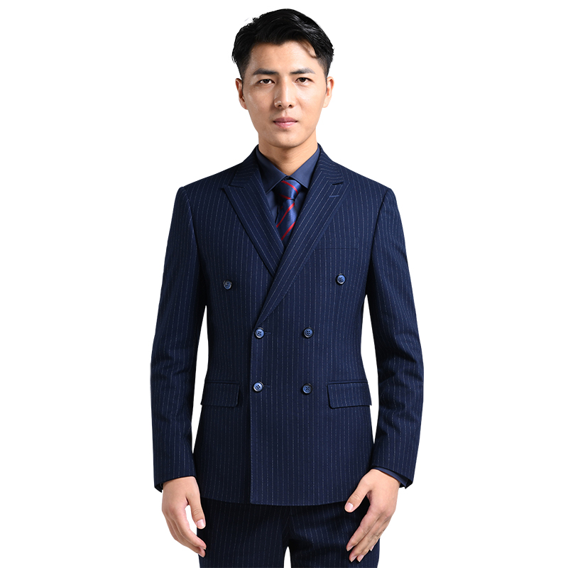 Suit suit men's slim youth striped double-breasted wedding groomsmen suit business casual micro-elasticity