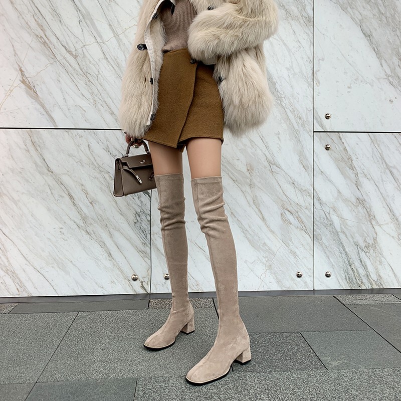 Fang Xiaojiu~ Black Square-Toe Elastic Slim Boots, Autumn and Winter Fleece-Lined Mid-Heel Over-The-Knee Long Boots for Women, High Boots, Long Boots