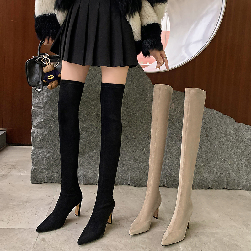 Fang Xiaojiu~ Autumn and Winter Slimming Khaki High-Heeled Over-The-Knee Boots for Women, Elastic Slim Boots, High Boots, Long Pointed Boots
