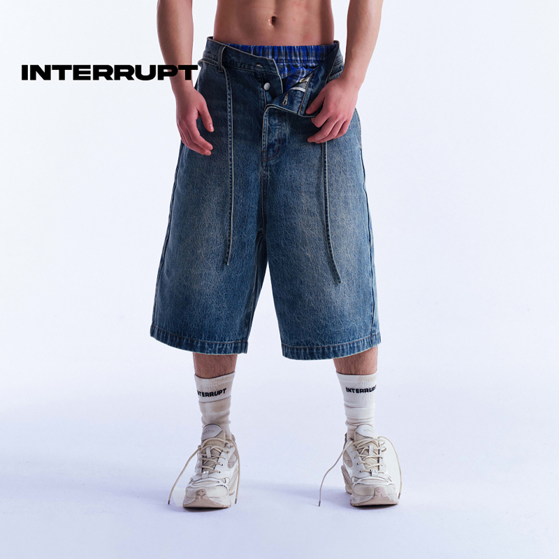 Interrupt4.0 Plaid Layered Denim Shorts, Double-Layered Structure, Tie-Up Embroidery Details, Men's Cropped Pants Interrupt4.0 Plaid Layered Denim Shorts, Double-Layered Structure, Tie-Up Embroidery Details, Men's Cropped Pants
