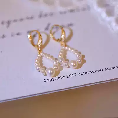 Natural freshwater pearl ear buckle 2021 new circle love earrings socialite temperament retro Hong Kong style earrings women