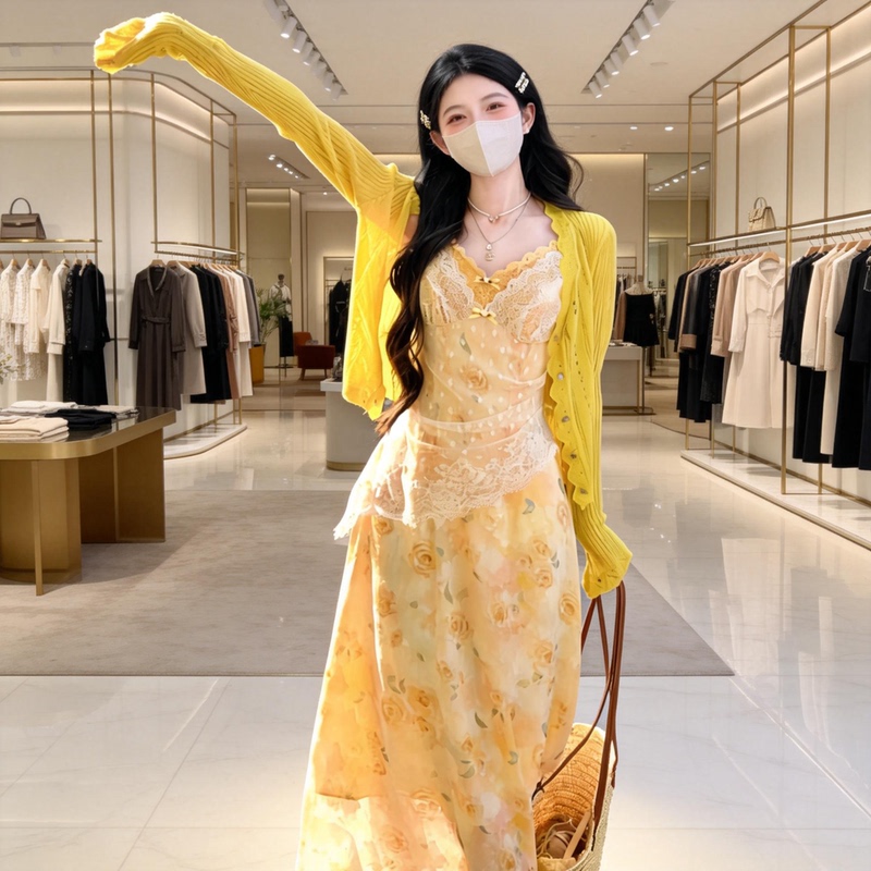 Korean-Style Atmospheric Yellow Lace Suspender Floral Dress, Spring and Summer Dopamine Bright Outfit Long Dress Set
