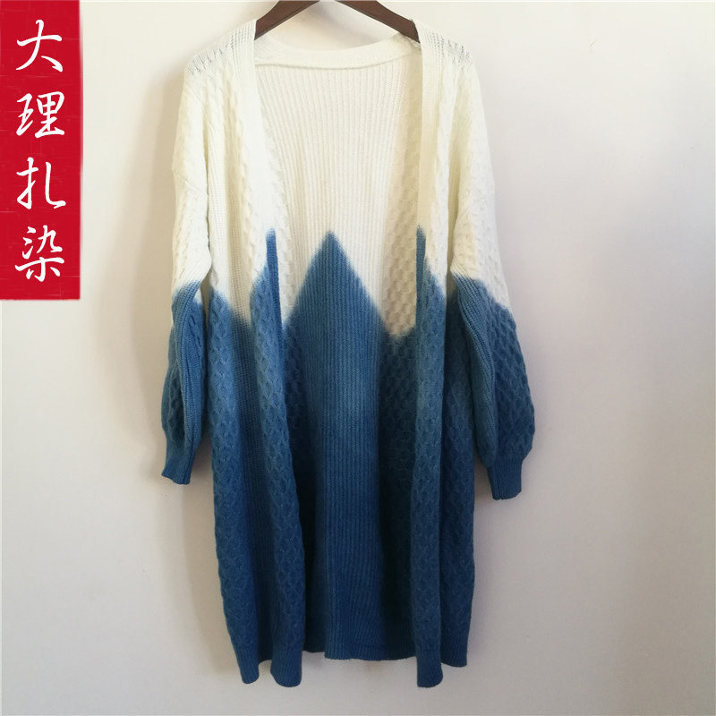 Tie-dyed sweater jacket female Yunnan Dali Bai ethnic handmade blue dyed plant dyed wool sweater female cardigan medium and long version