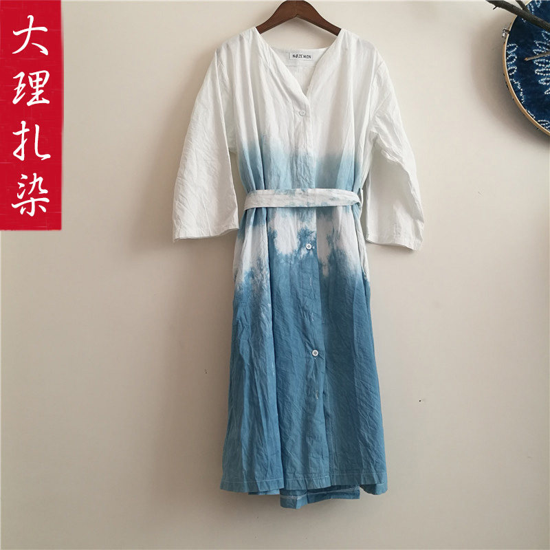 Tie-dyed dress Large size loose skirt Yunnan Dali Bai Ethnic handmade tie-dyed pure plant grass-dyed long skirt female
