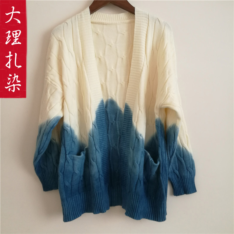 Zdyeing sweater jacket thick section female Yunnan Dali Bai ethnic handmade blue dyeing plant dyed-knitted sweatshirt shorts