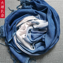 Tie-dyed Yunnan Dali silk scarf pure handmade Bai plant-dyed indigo ethnic style shawl cotton linen scarf for men and women