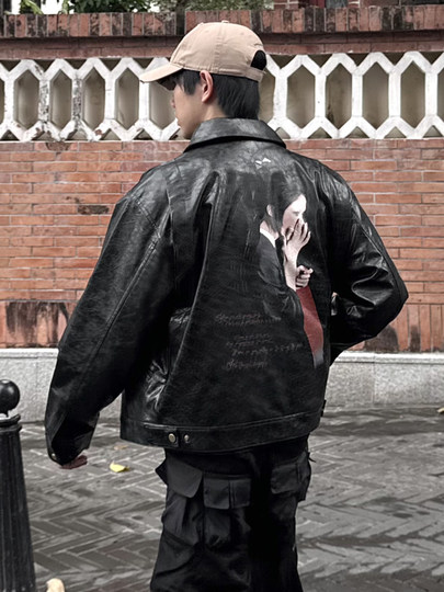 ins American-Style Design Niche Dragonfly Women's Pu Leather Jacket Men's Spring Loose Cool Leather Jacket Trendy