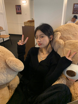 LIL CHER black V-neck knitted cardigan female spring and autumn thin Korean slim slim slim long sleeve top