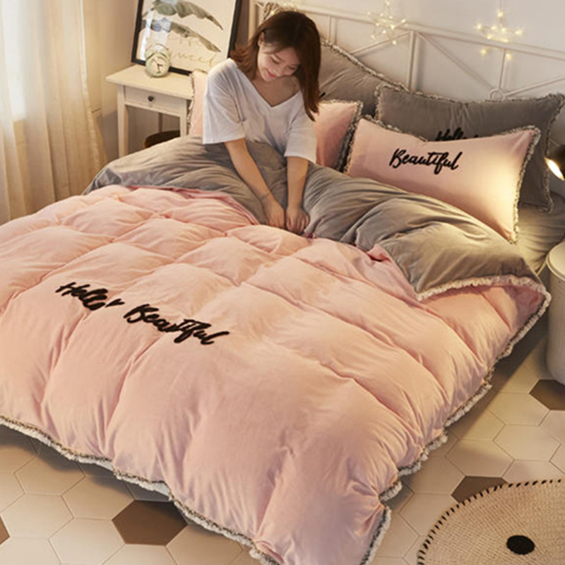 Net red girl towel embroidered double-sided suede crystal velvet four pieces of winter thickening coral velvet short plush sheet