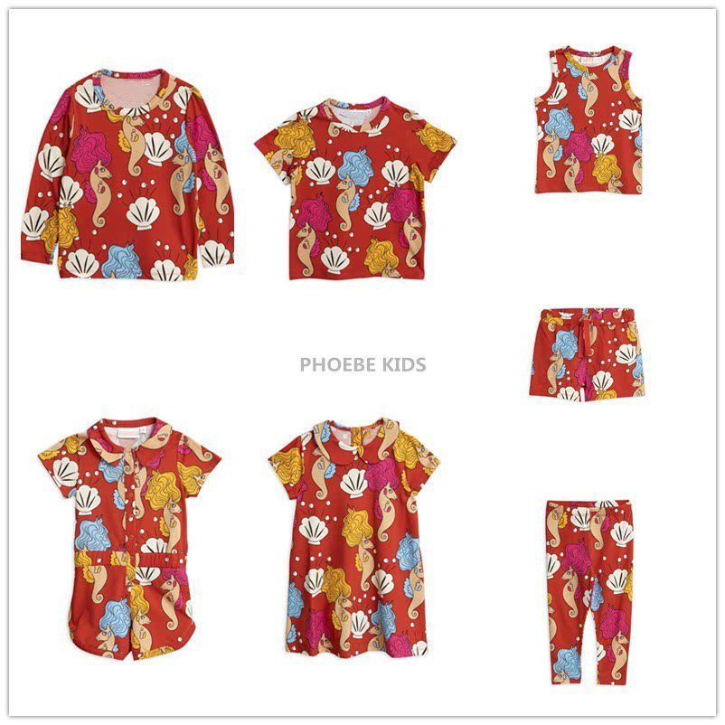 Swedish summer children's clothing mini series boys and girls full print seahorse round neck T-shirt pants baby romper one-piece dress